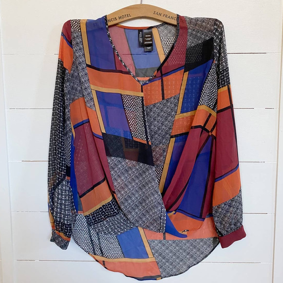 Bisou Bisou‎ Multicolored Block Print Faux Wrap Blouse - Picture 1 of 9